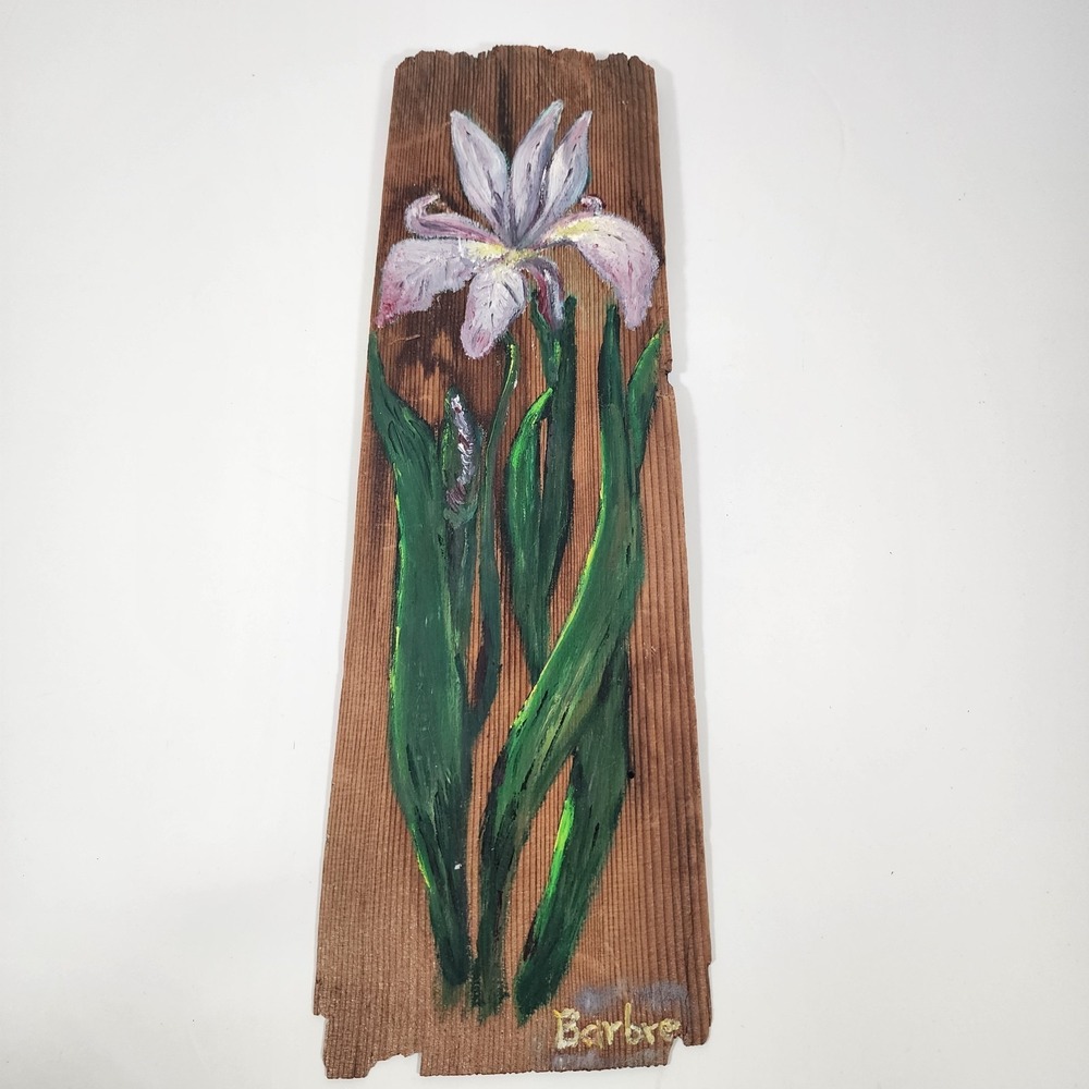 Vintage 1979 Hand Painted Iris on Cedar Roof Shingle‎ Folk Art